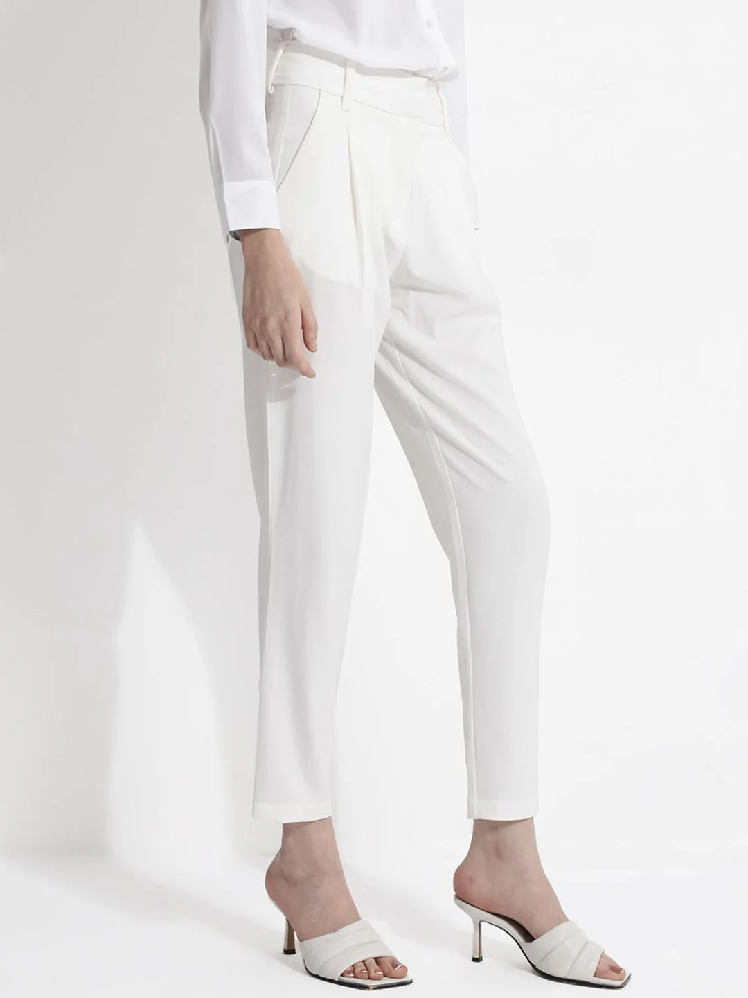 RAREISM Women Comfort Tapered Fit High-Rise Pleated Cotton Peg Formal Trousers - Image 2