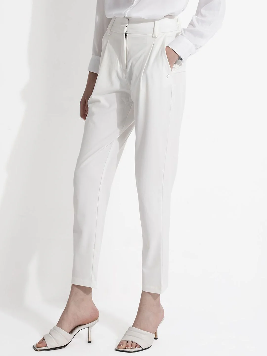 RAREISM Women Comfort Tapered Fit High-Rise Pleated Cotton Peg Formal Trousers - Image 3