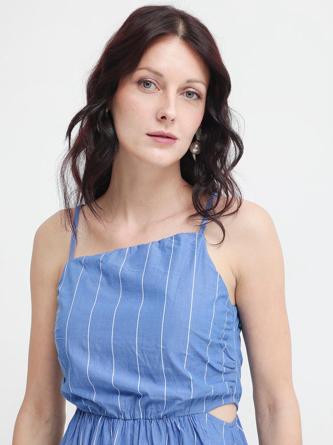 RAREISM Women Cotton Blue Striped Fit & Flare Shoulder Straps Midi Dress - Image 2