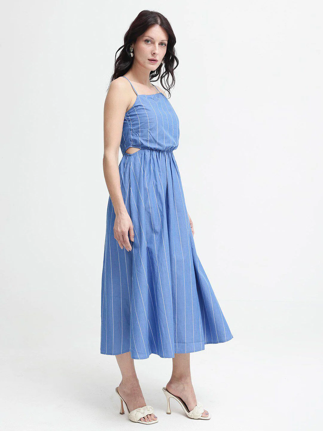 RAREISM Women Cotton Blue Striped Fit & Flare Shoulder Straps Midi Dress - Image 3
