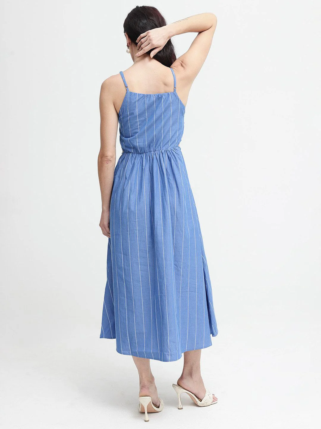 RAREISM Women Cotton Blue Striped Fit & Flare Shoulder Straps Midi Dress - Image 4