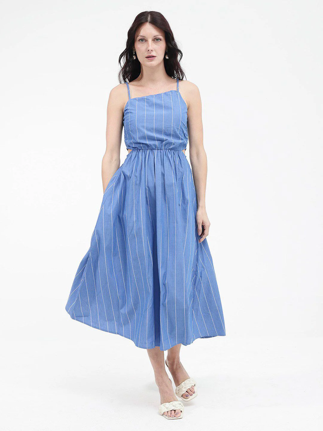 RAREISM Women Cotton Blue Striped Fit & Flare Shoulder Straps Midi Dress - Image 6