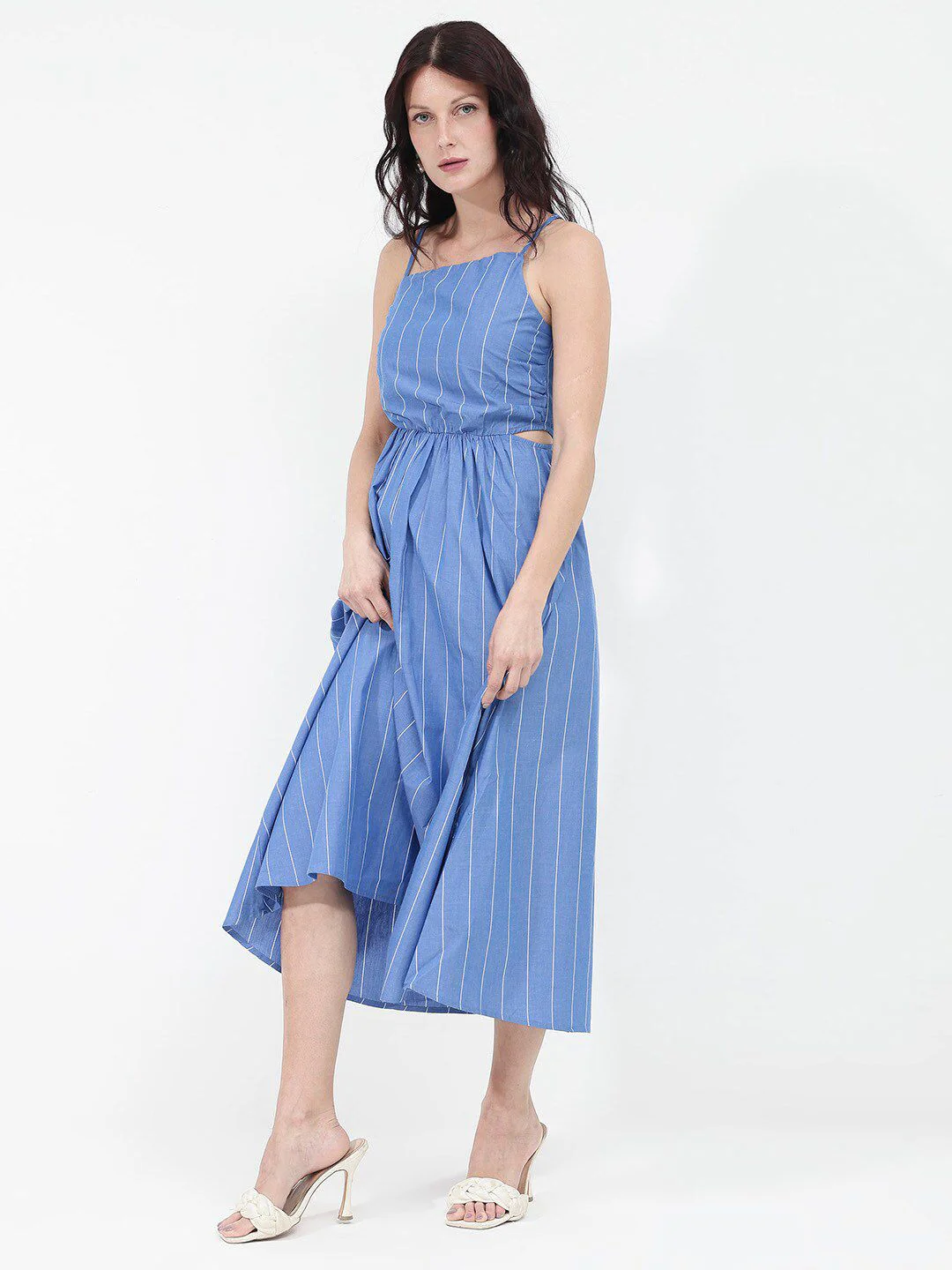 RAREISM Women Cotton Blue Striped Fit & Flare Shoulder Straps Midi Dress - Image 7