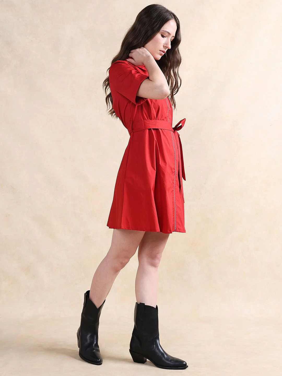 RAREISM Women Fit & Flare Mini Solid Cotton Dress - Image 3