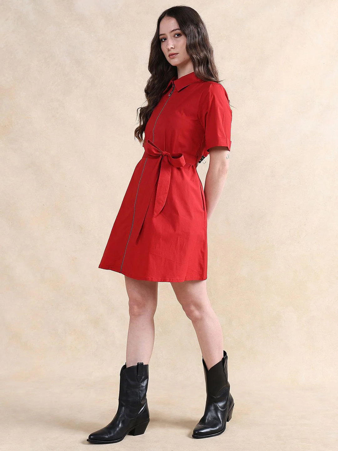 RAREISM Women Fit & Flare Mini Solid Cotton Dress - Image 5