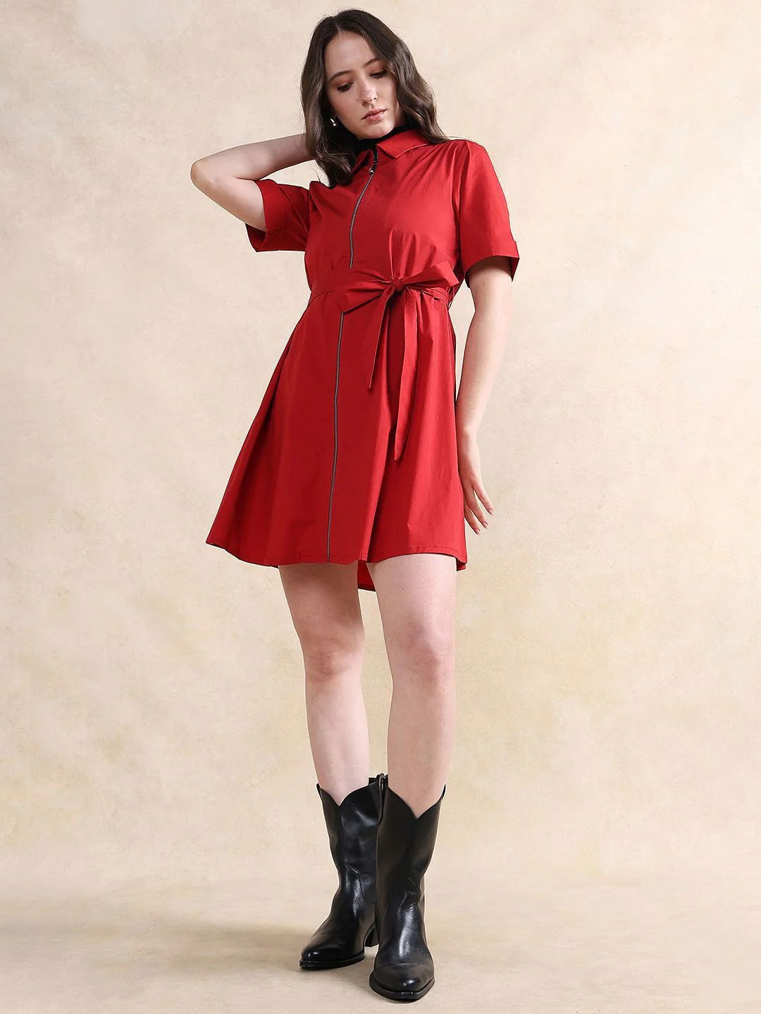 RAREISM Women Fit & Flare Mini Solid Cotton Dress - Image 7