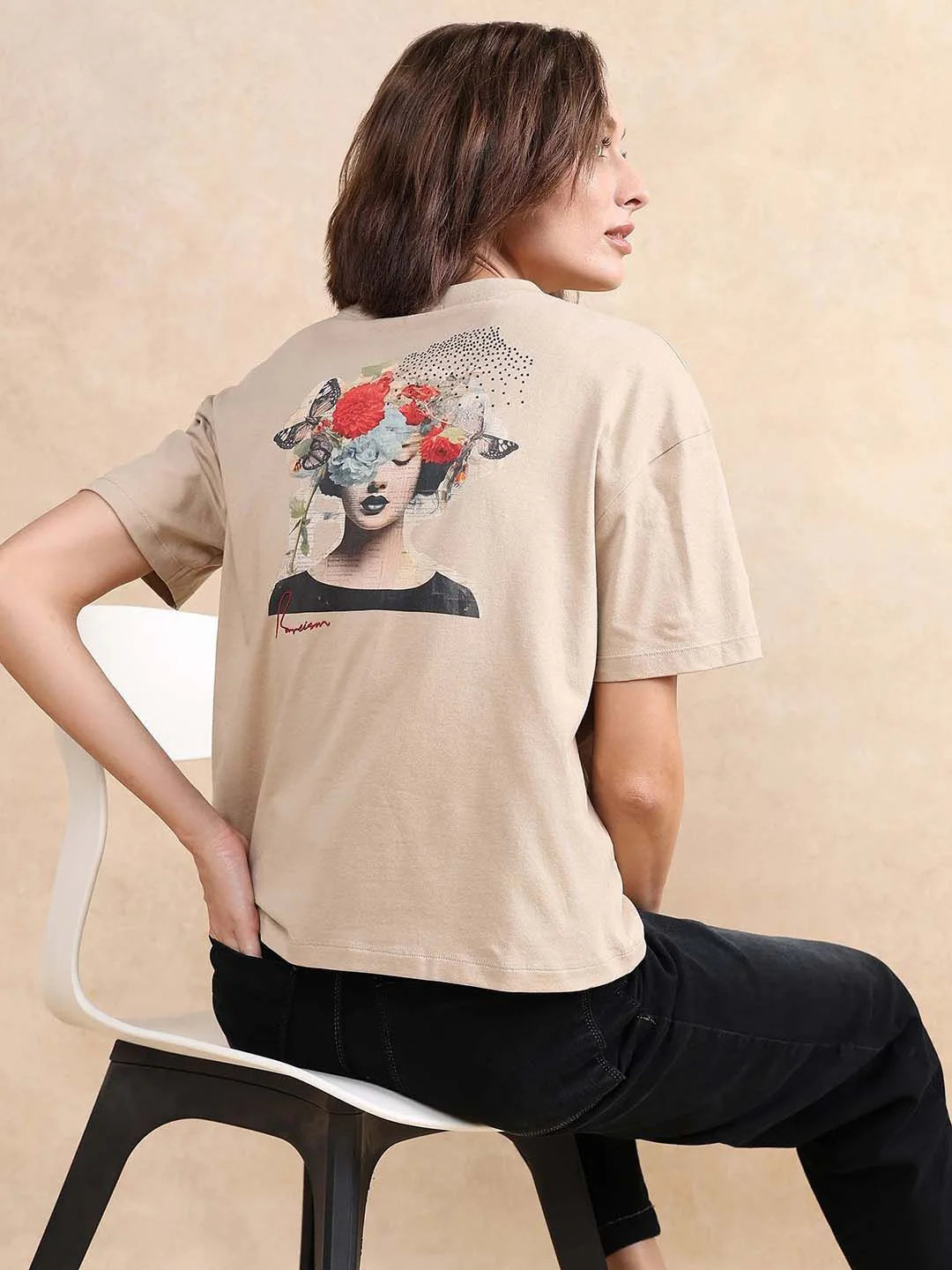 RAREISM Women Graphic Printed Round Neck Cotton Relaxed Fit T-shirt