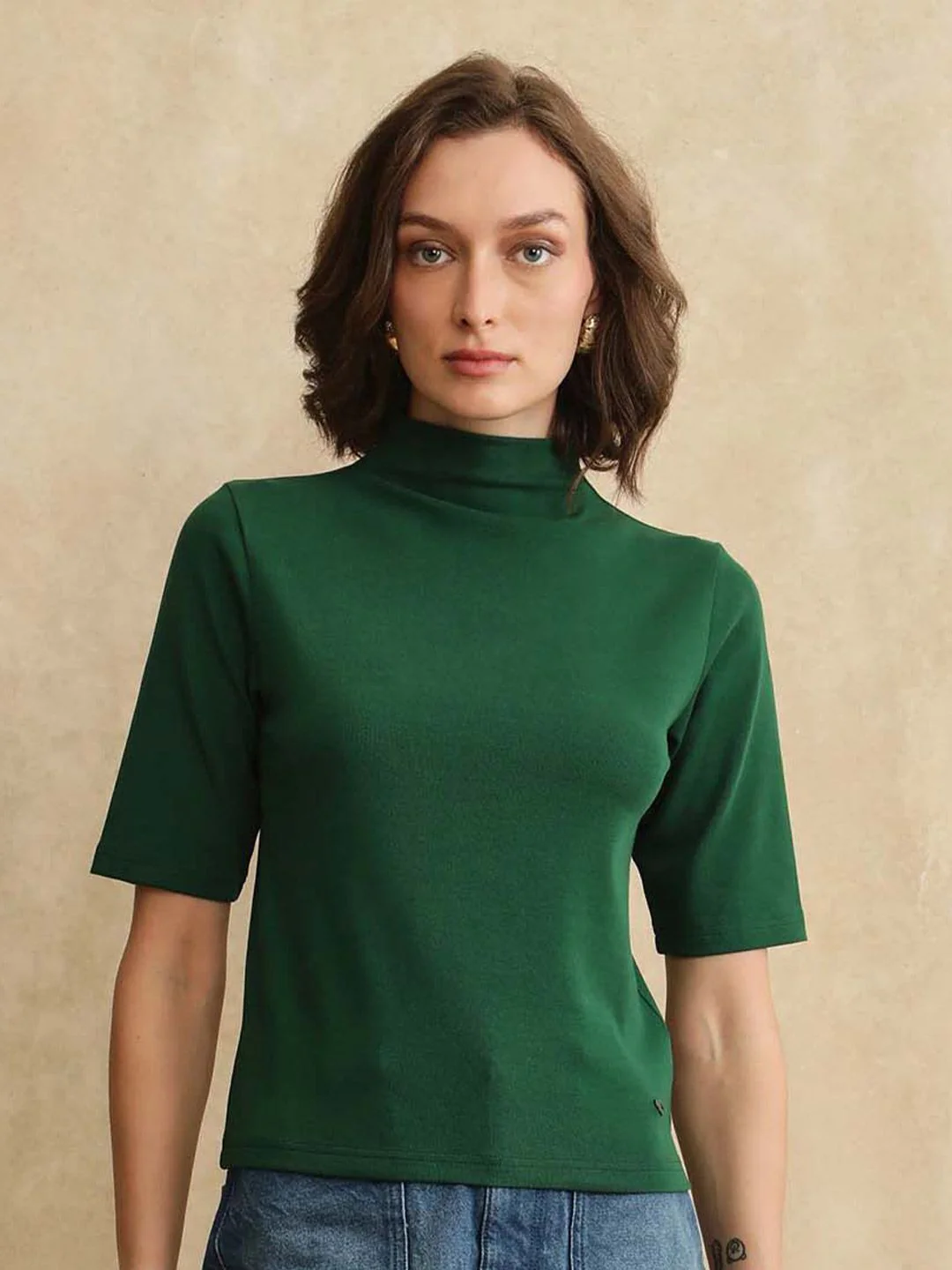 RAREISM Women High Neck Short Sleeves Cotton Top - Image 2