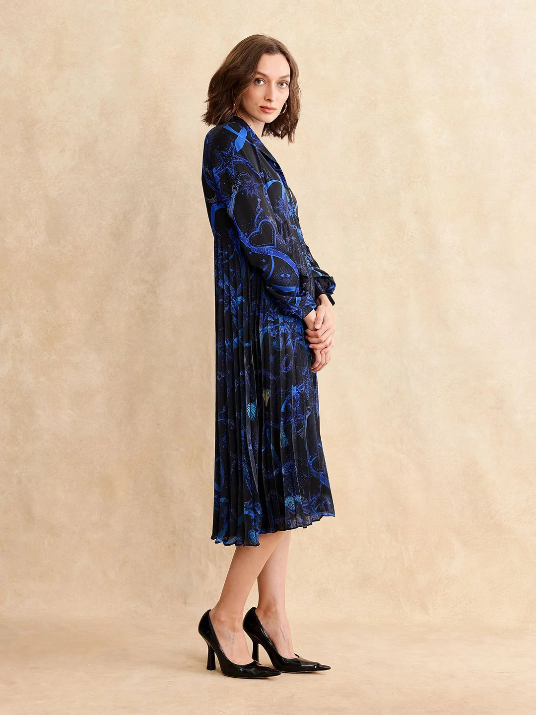 RAREISM Women Printed Shirt Collar Fit & Flare Pleated Midi Dress - Image 3