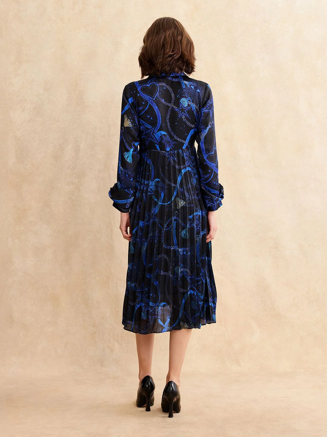 RAREISM Women Printed Shirt Collar Fit & Flare Pleated Midi Dress - Image 4