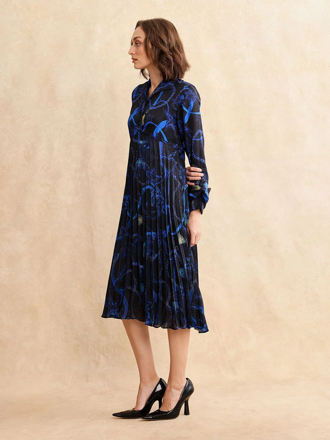 RAREISM Women Printed Shirt Collar Fit & Flare Pleated Midi Dress - Image 5