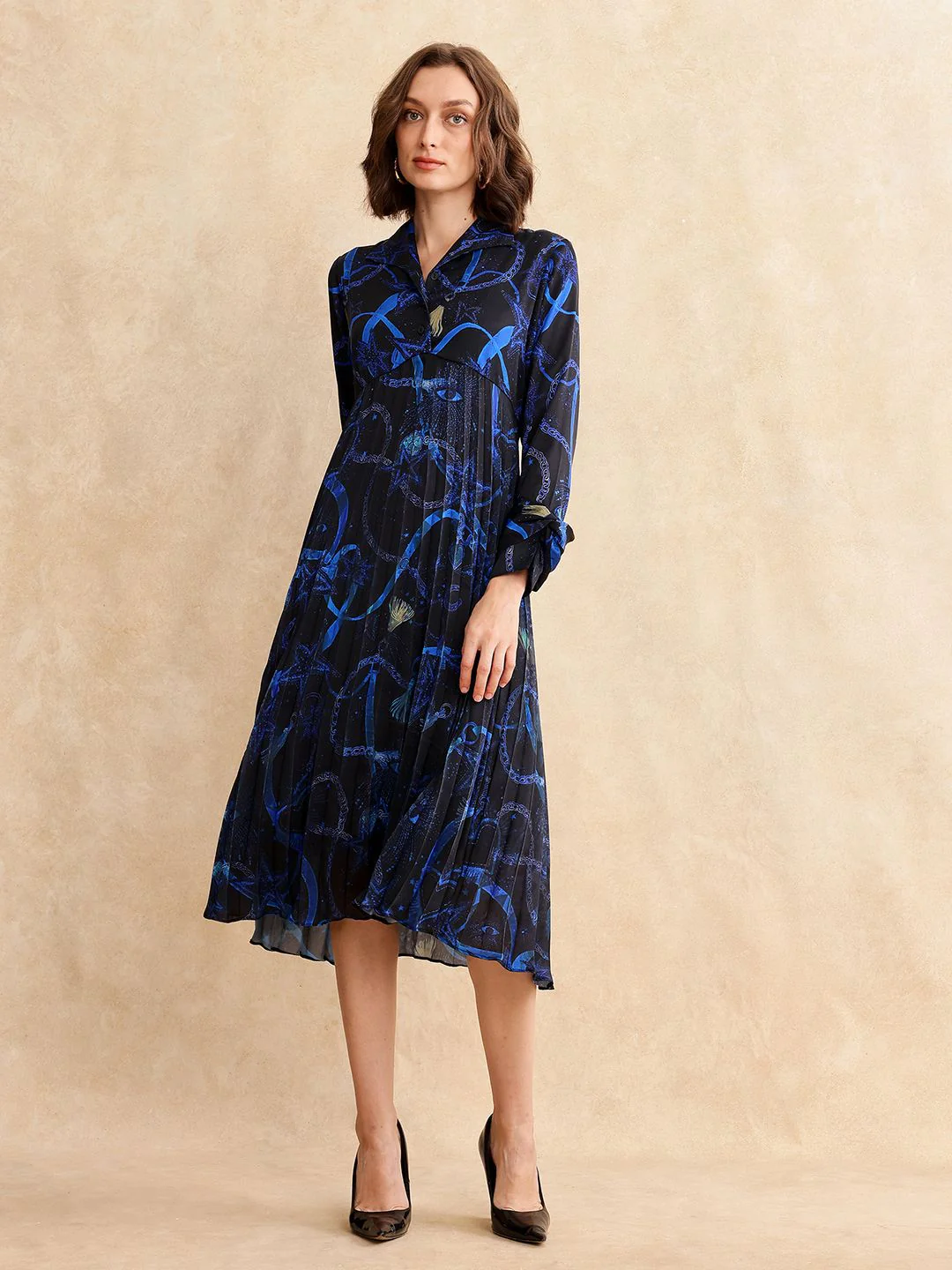 RAREISM Women Printed Shirt Collar Fit & Flare Pleated Midi Dress - Image 6