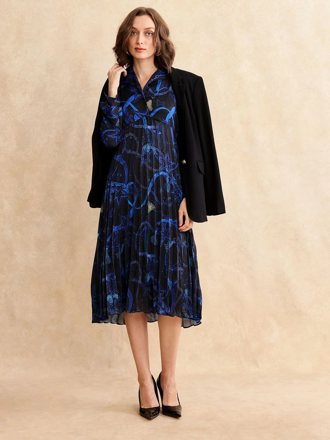 RAREISM Women Printed Shirt Collar Fit & Flare Pleated Midi Dress - Image 7