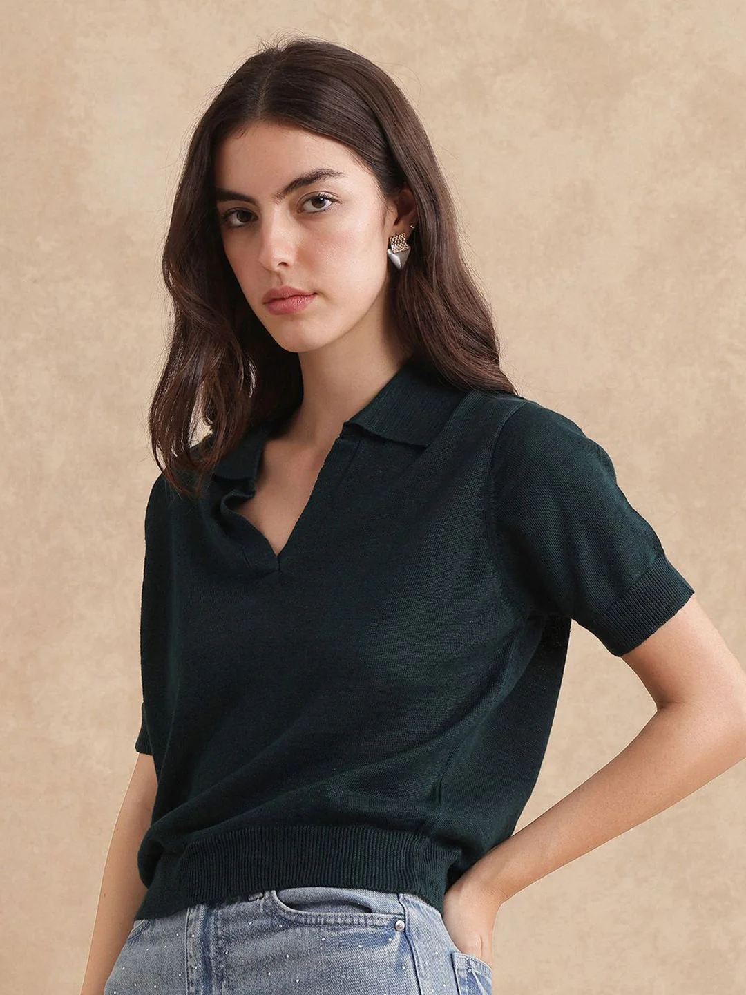 RAREISM Women Solid Polo Collar Cotton T-shirt - Image 5