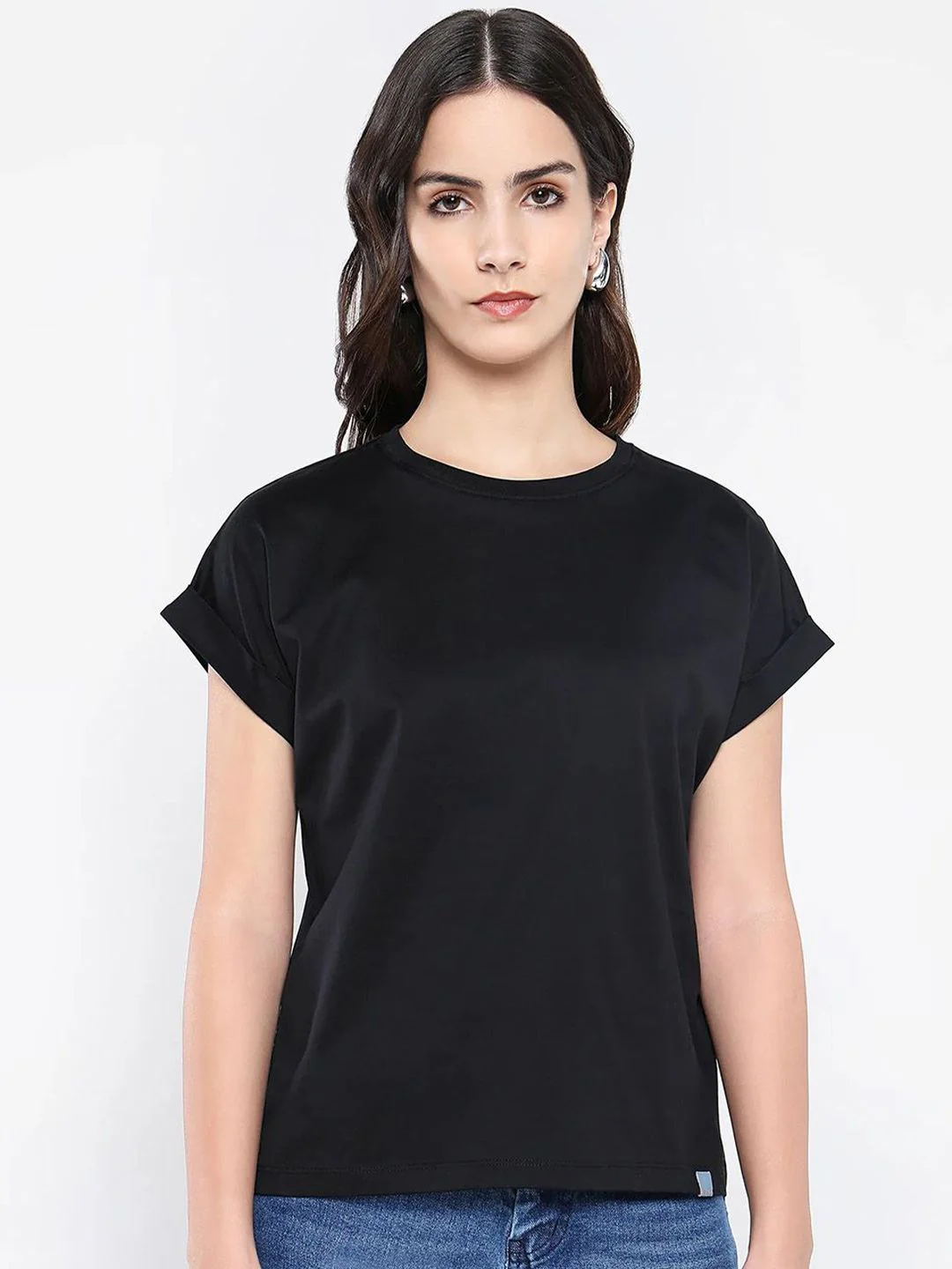 RAREISM Women Solid Round Neck Cotton Relaxed Fit T-shirt - Image 2