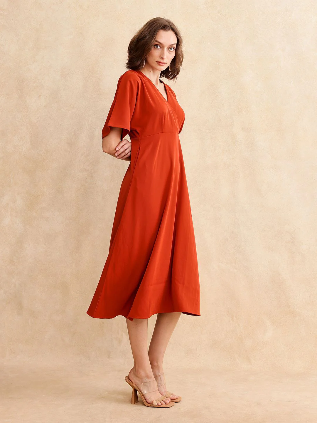 RAREISM Women V-Neck Fit & Flare Cotton Midi Dress - Image 3