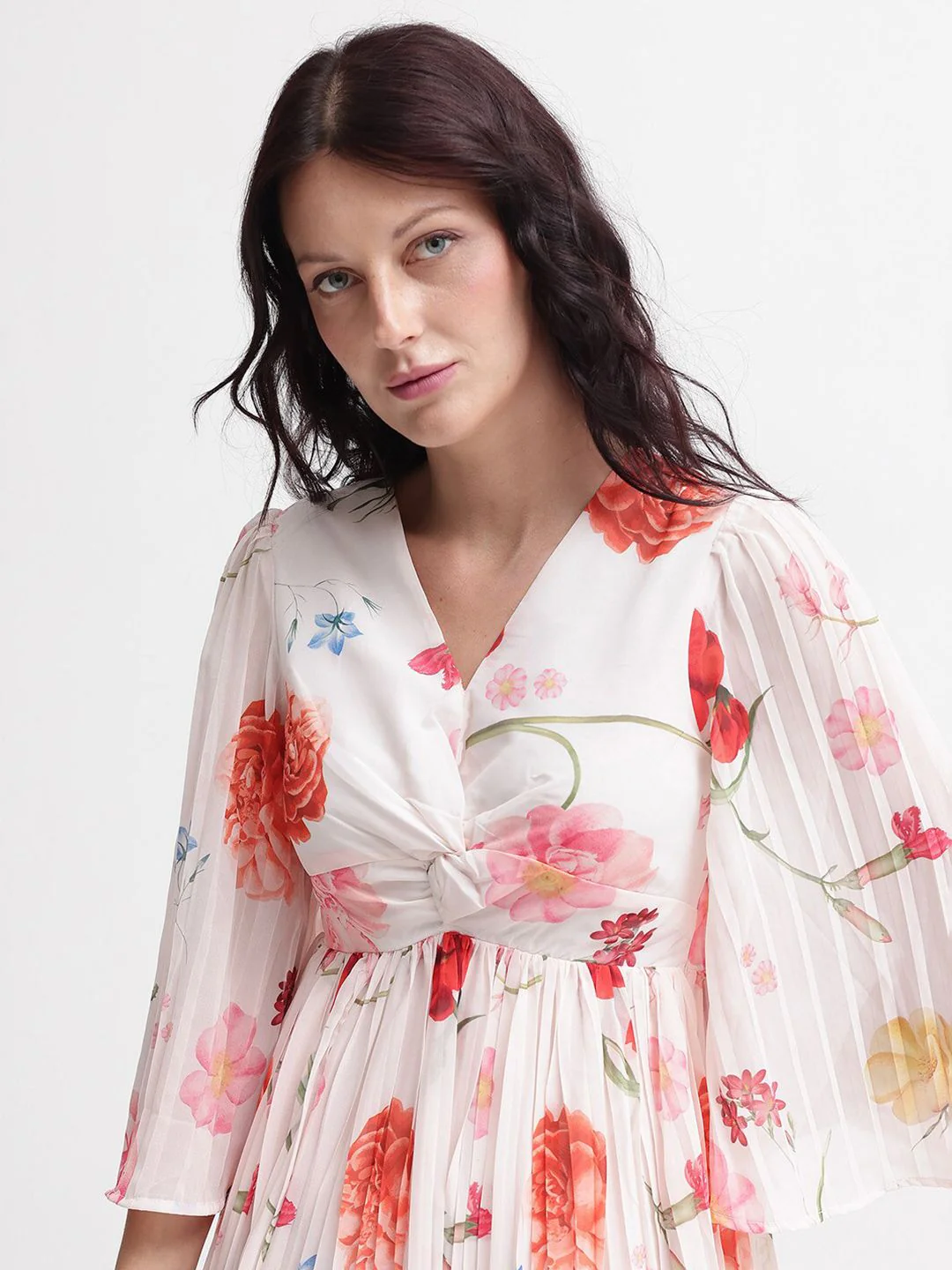 RAREISM Women White Floral Print Flared Sleeve Fit & Flare Midi Dress - Image 2