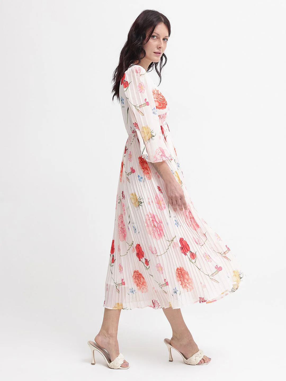 RAREISM Women White Floral Print Flared Sleeve Fit & Flare Midi Dress - Image 3