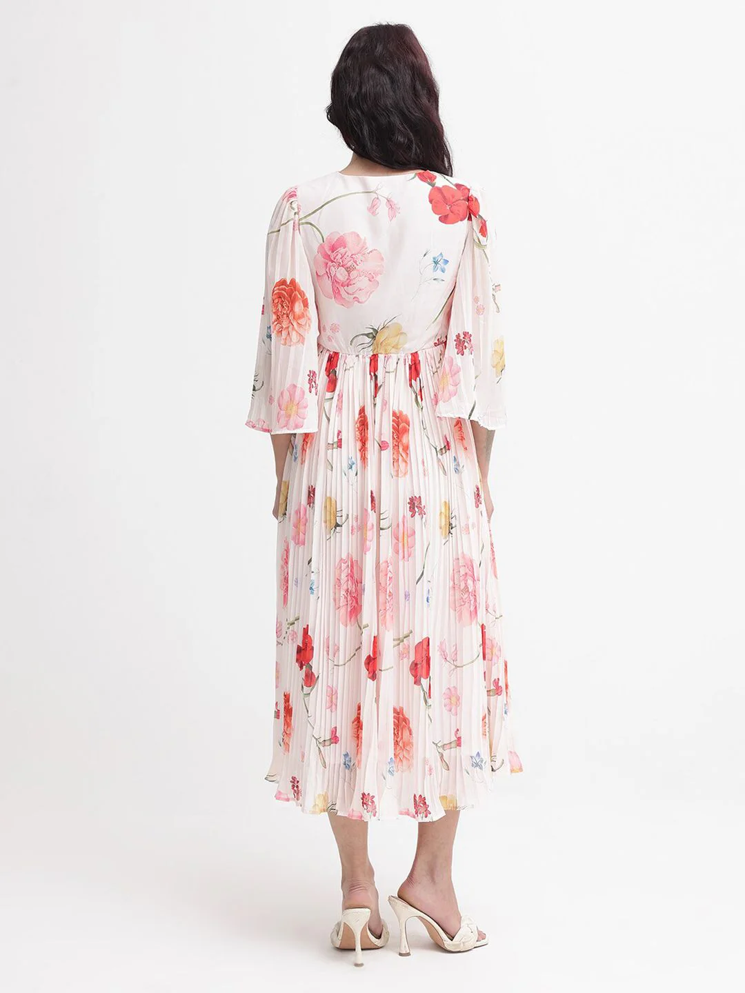 RAREISM Women White Floral Print Flared Sleeve Fit & Flare Midi Dress - Image 4