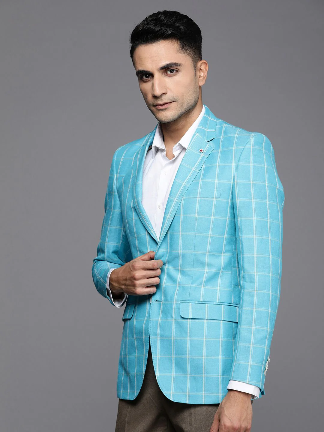 Raymond Linen Cotton Contemporary Fit Single-Breasted Checked Formal Blazers - Image 3