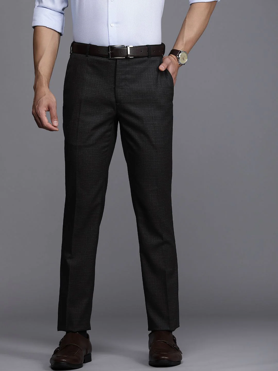 Raymond Men Black Checked Slim Fit Formal Trousers - Image 2