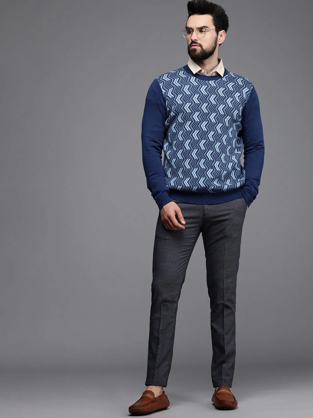 Raymond Men Blue Chevron Printed Pullover - Image 4