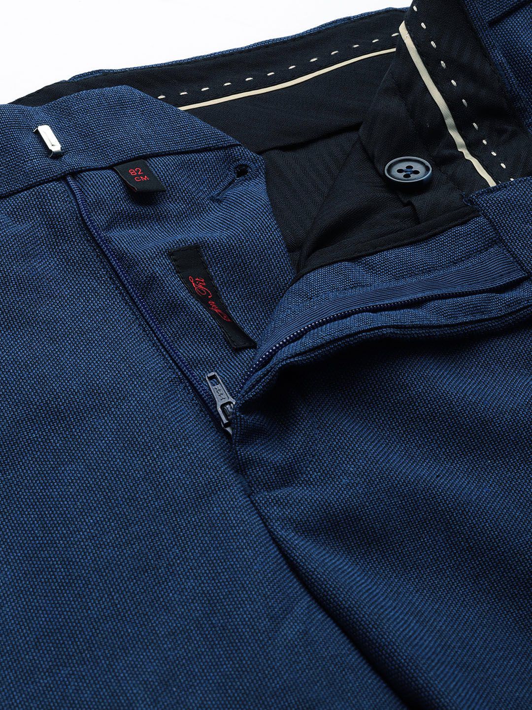Raymond Men Blue Textured Slim Fit Mid-Rise Formal Trousers - Image 4