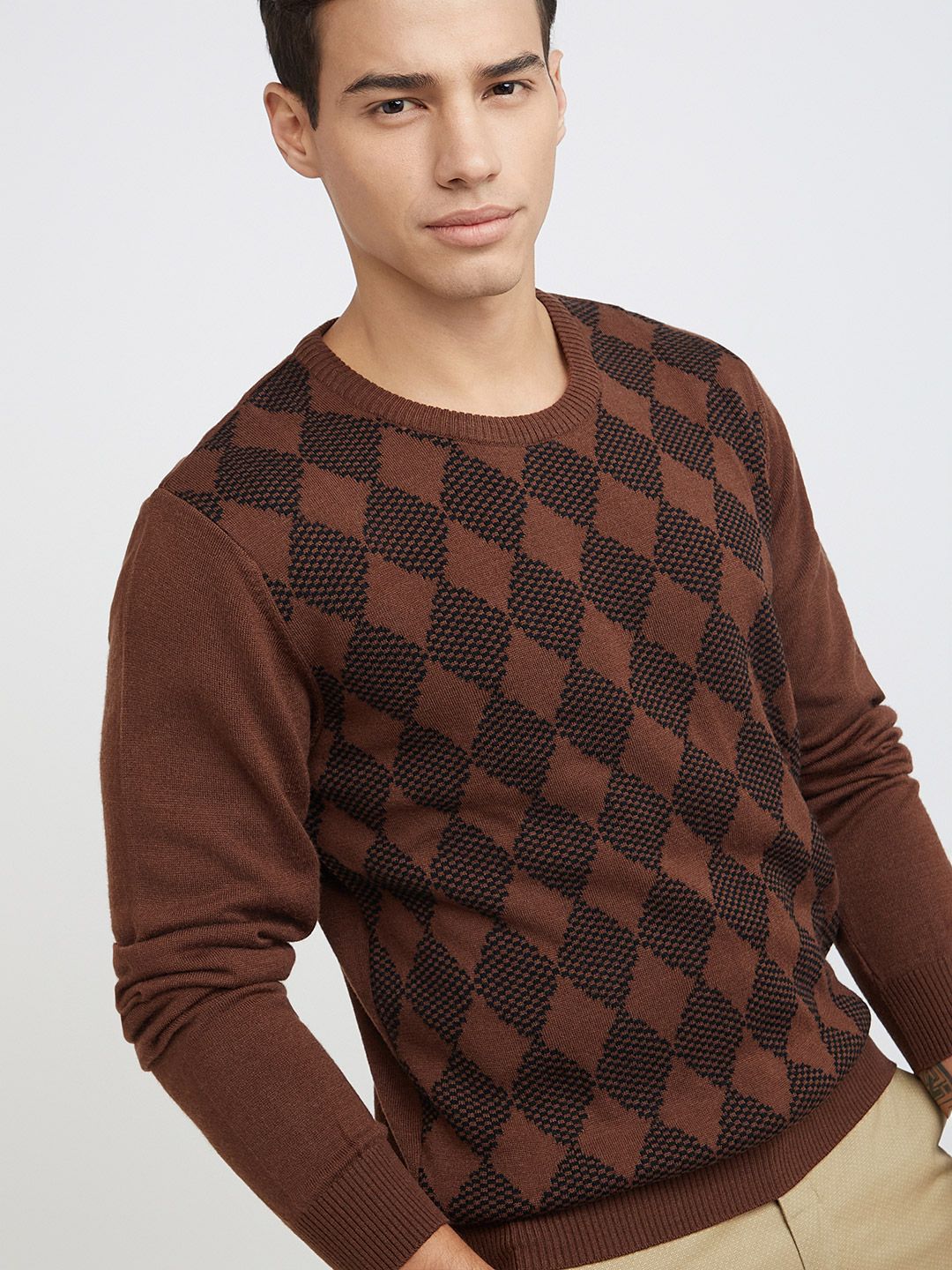 Raymond Men Brown & Black Geometric Patterned Pullover - Image 2