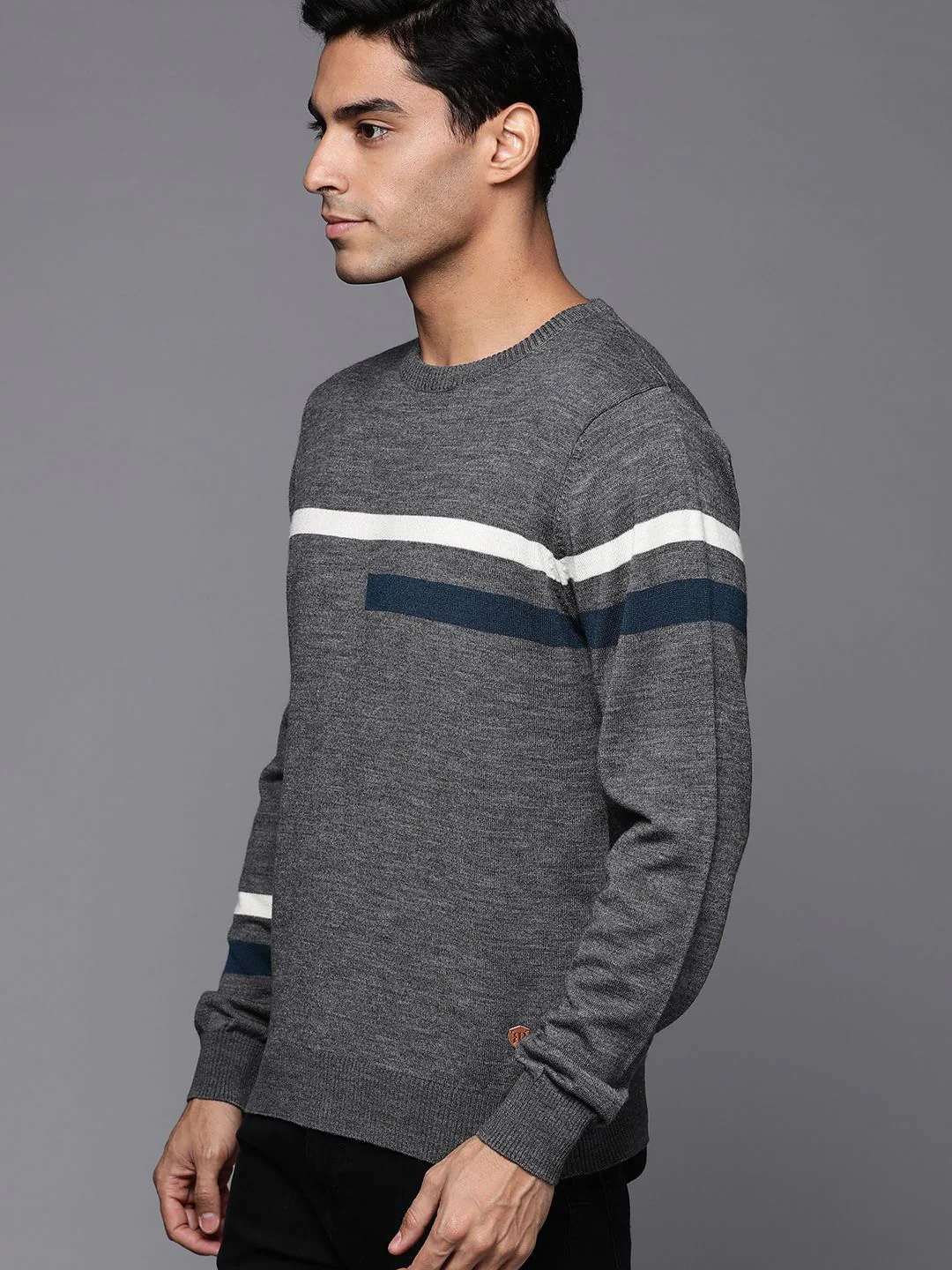 Raymond Men Charcoal Grey & White Striped Striped Pullover - Image 3