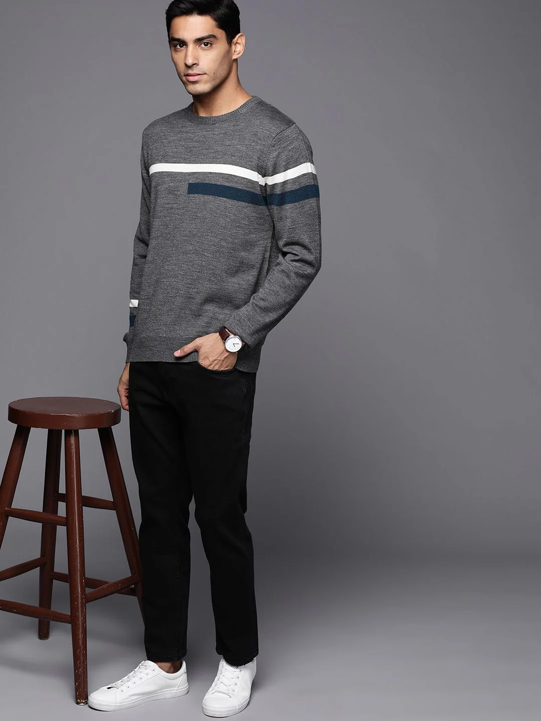Raymond Men Charcoal Grey & White Striped Striped Pullover - Image 4