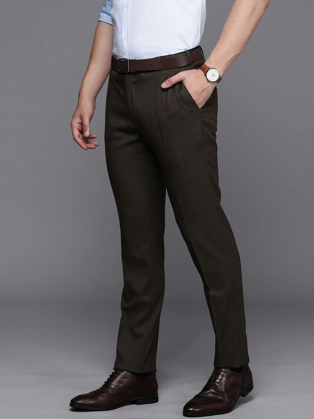 Raymond Men Checked Slim Fit Mid-Rise Formal Trousers - Image 2