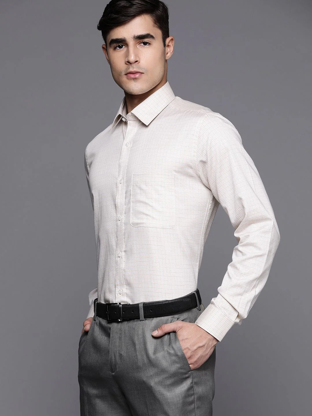 Raymond Men Cream-Coloured Pure Cotton Slim Fit Checked Formal Shirt - Image 5