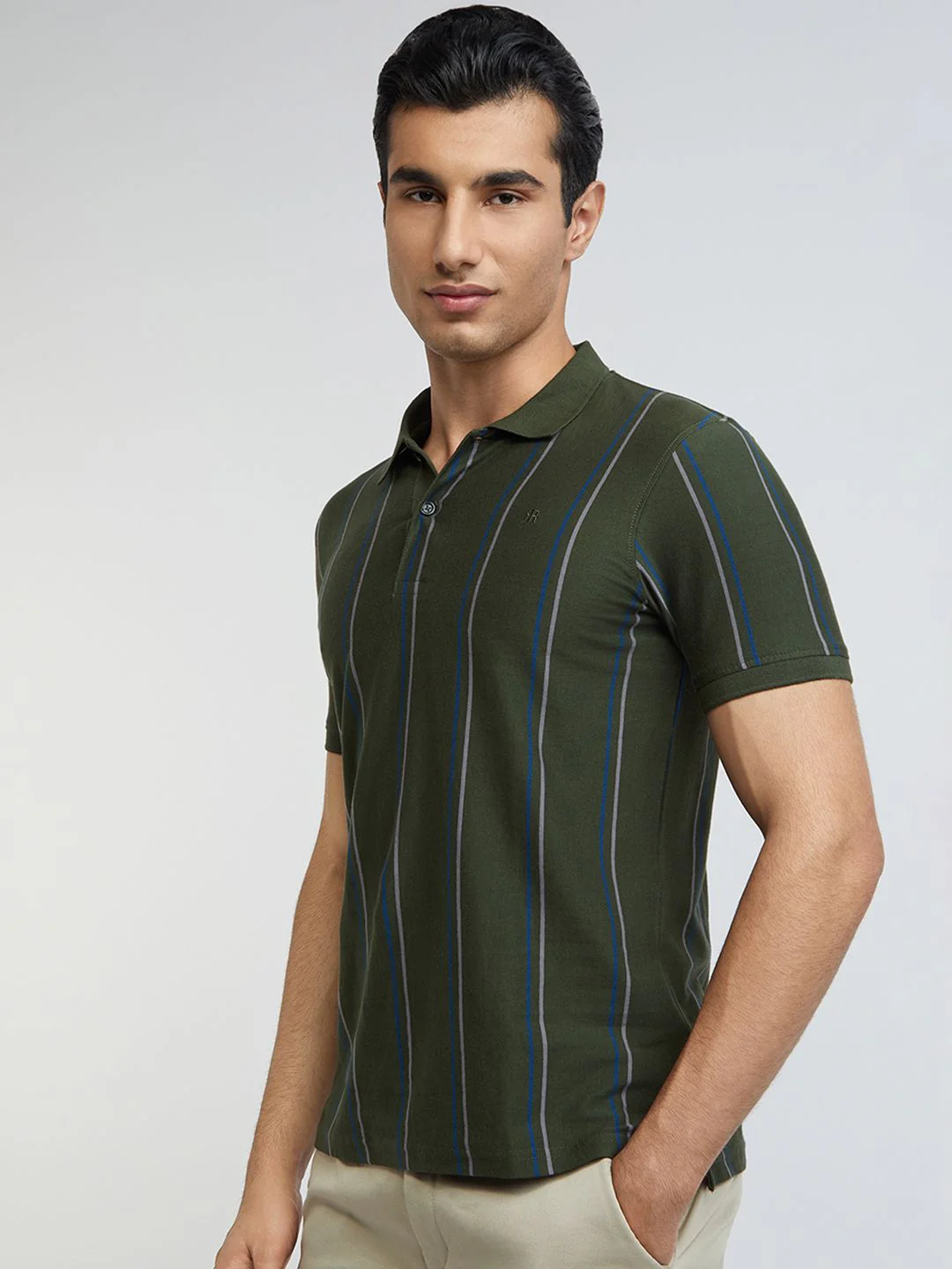 Raymond Men Green & Grey Striped Polo Collar Pure Cotton T-shirt - Image 5