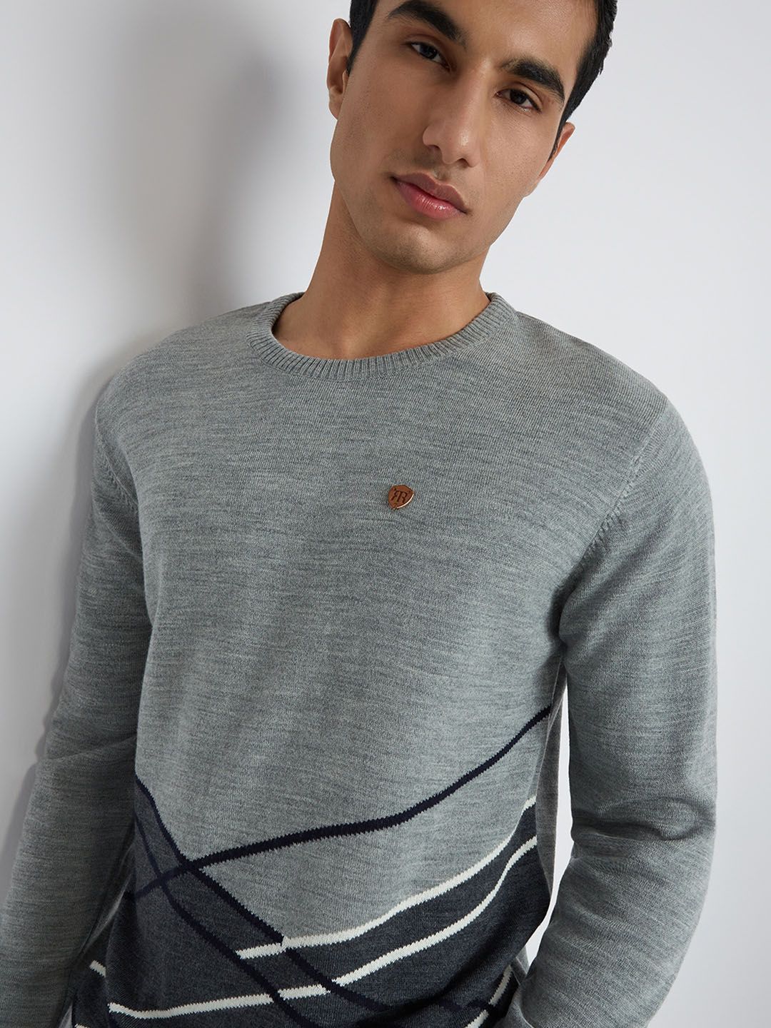 Raymond Men Grey Colourblocked Geometric Sweater - Image 2
