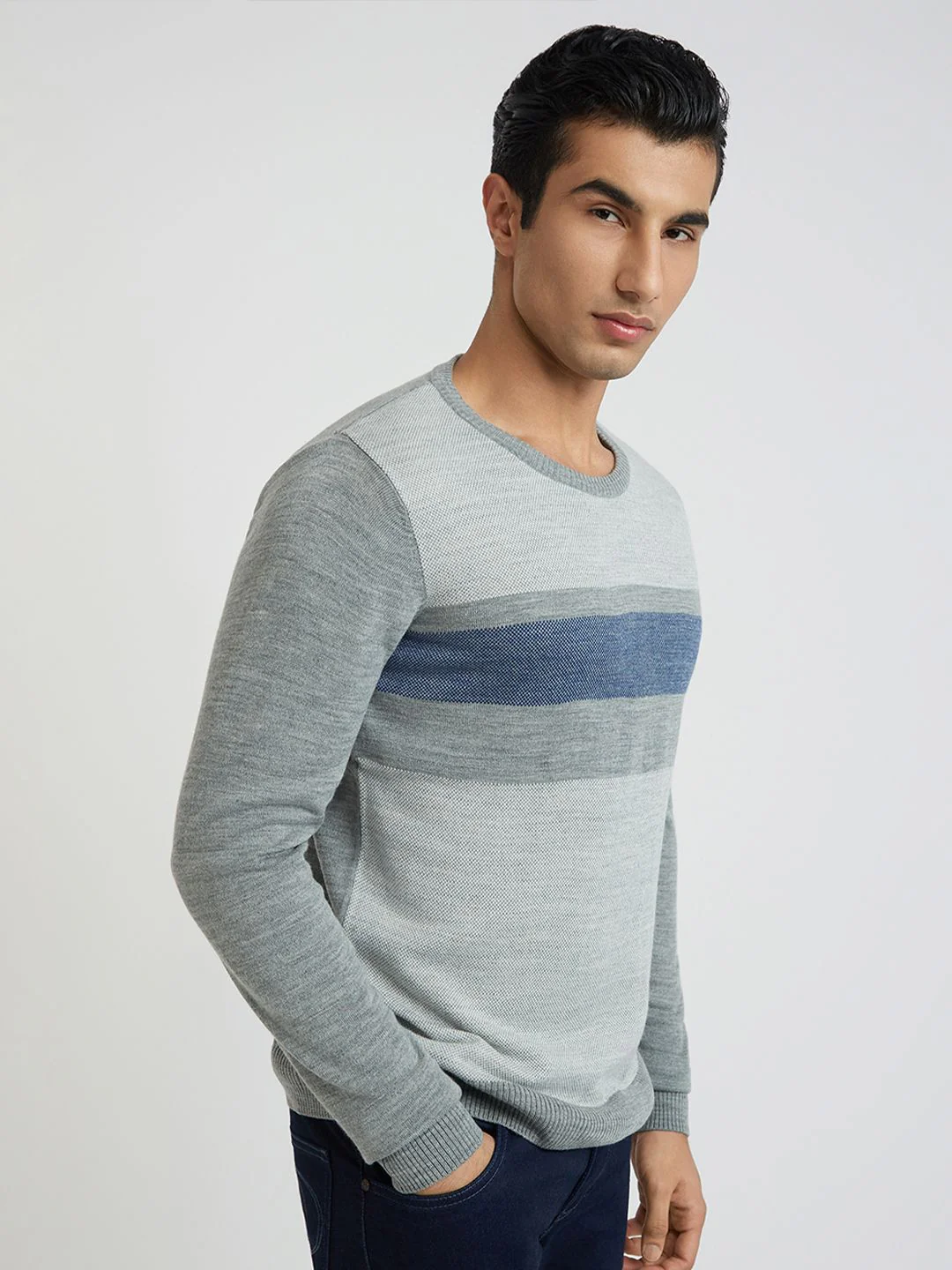 Raymond Men Grey Melange & Blue Striped Woolen Pullover - Image 3