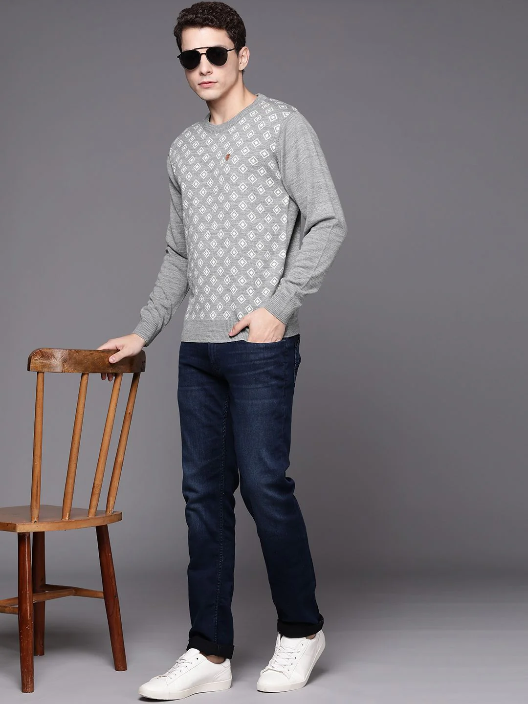 Raymond Men Grey Melange & White Self-Design Pullover - Image 4