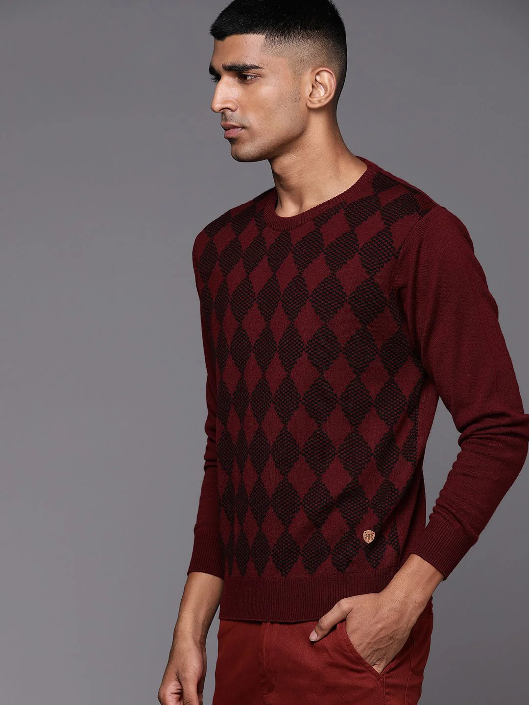 Raymond Men Maroon & Black Geometric Patterned Pullover - Image 3