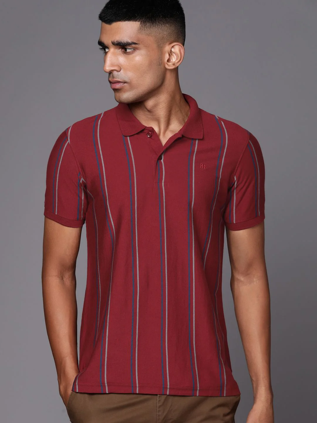 Raymond Men Maroon & Navy Blue Striped Polo Collar Pure Cotton T-shirt - Image 3