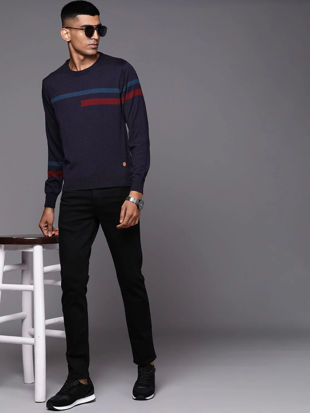 Raymond Men Navy Blue Striped Pullover - Image 4