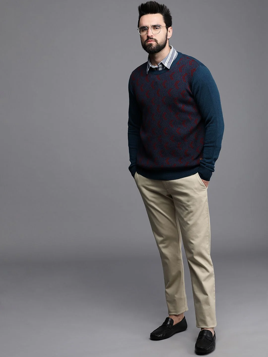 Raymond Men Teal Blue & Burgundy Chevron Printed Pullover - Image 4