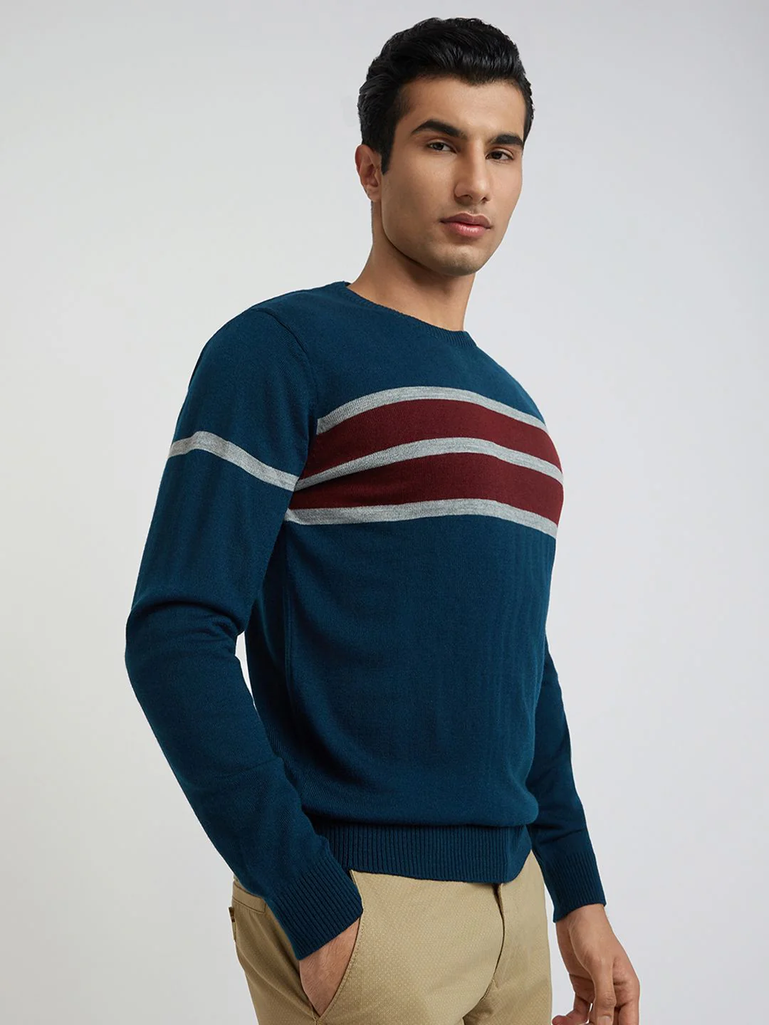 Raymond Men Teal Blue Striped Pullover - Image 3