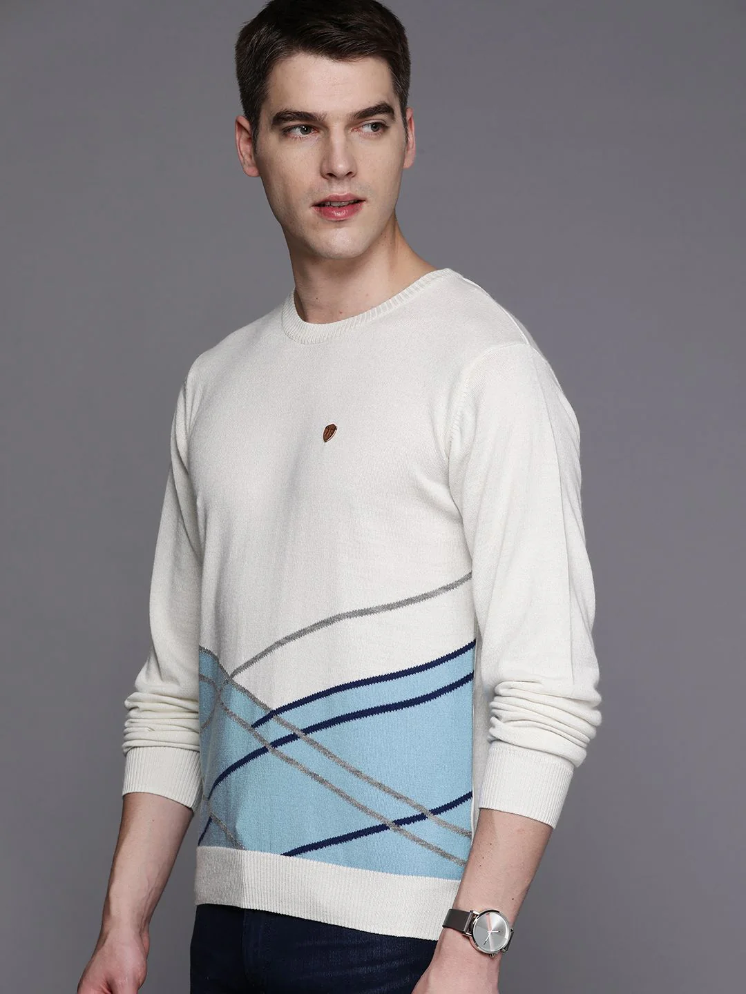 Raymond Men White & Blue Self-Design Pullover - Image 3