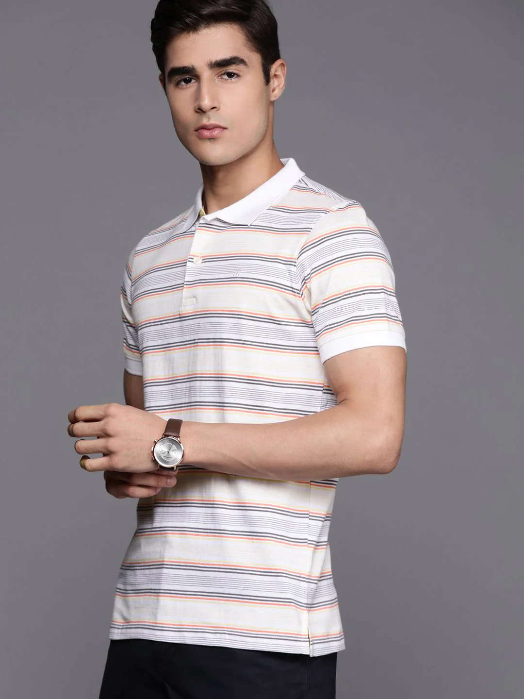 Raymond Men White & Yellow Striped Polo Collar Pure Cotton T-shirt - Image 5