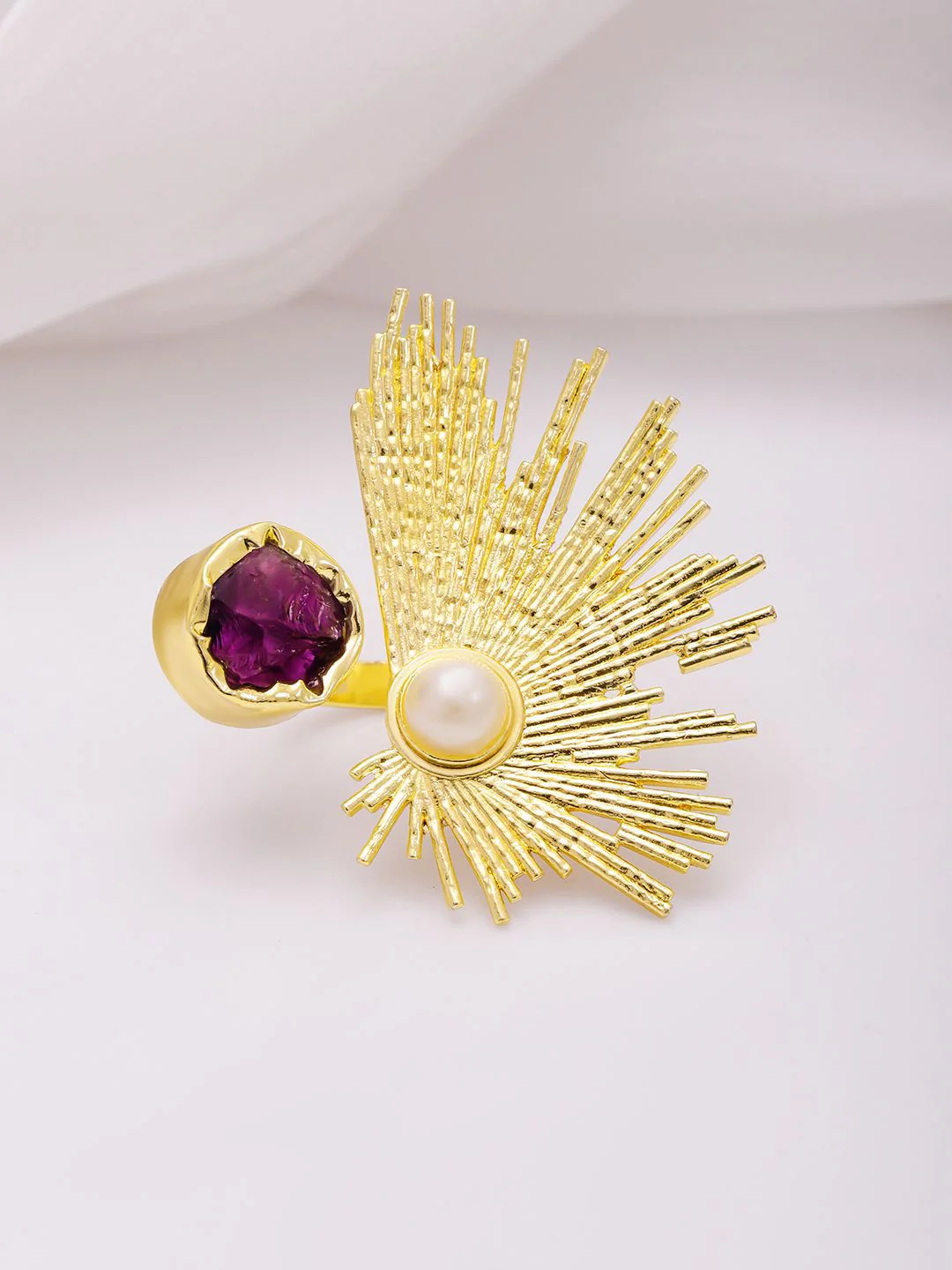 Rubans 18K Gold-Plated Abstract Sunburst Design Pearl & Amethyst Adjustable Finger Ring - Image 2