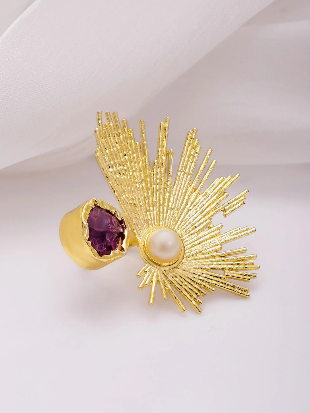 Rubans 18K Gold-Plated Abstract Sunburst Design Pearl & Amethyst Adjustable Finger Ring - Image 3