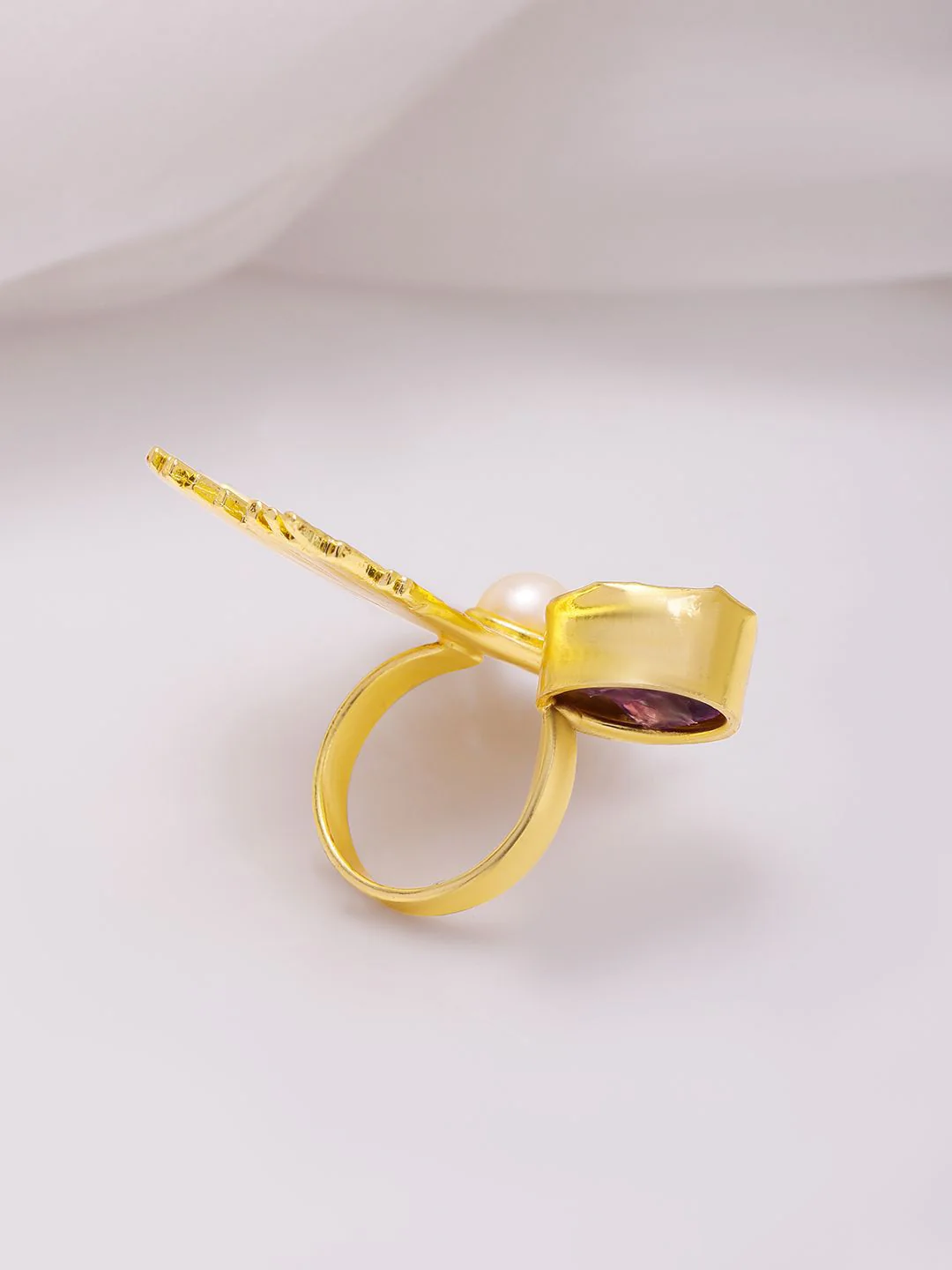 Rubans 18K Gold-Plated Abstract Sunburst Design Pearl & Amethyst Adjustable Finger Ring - Image 4