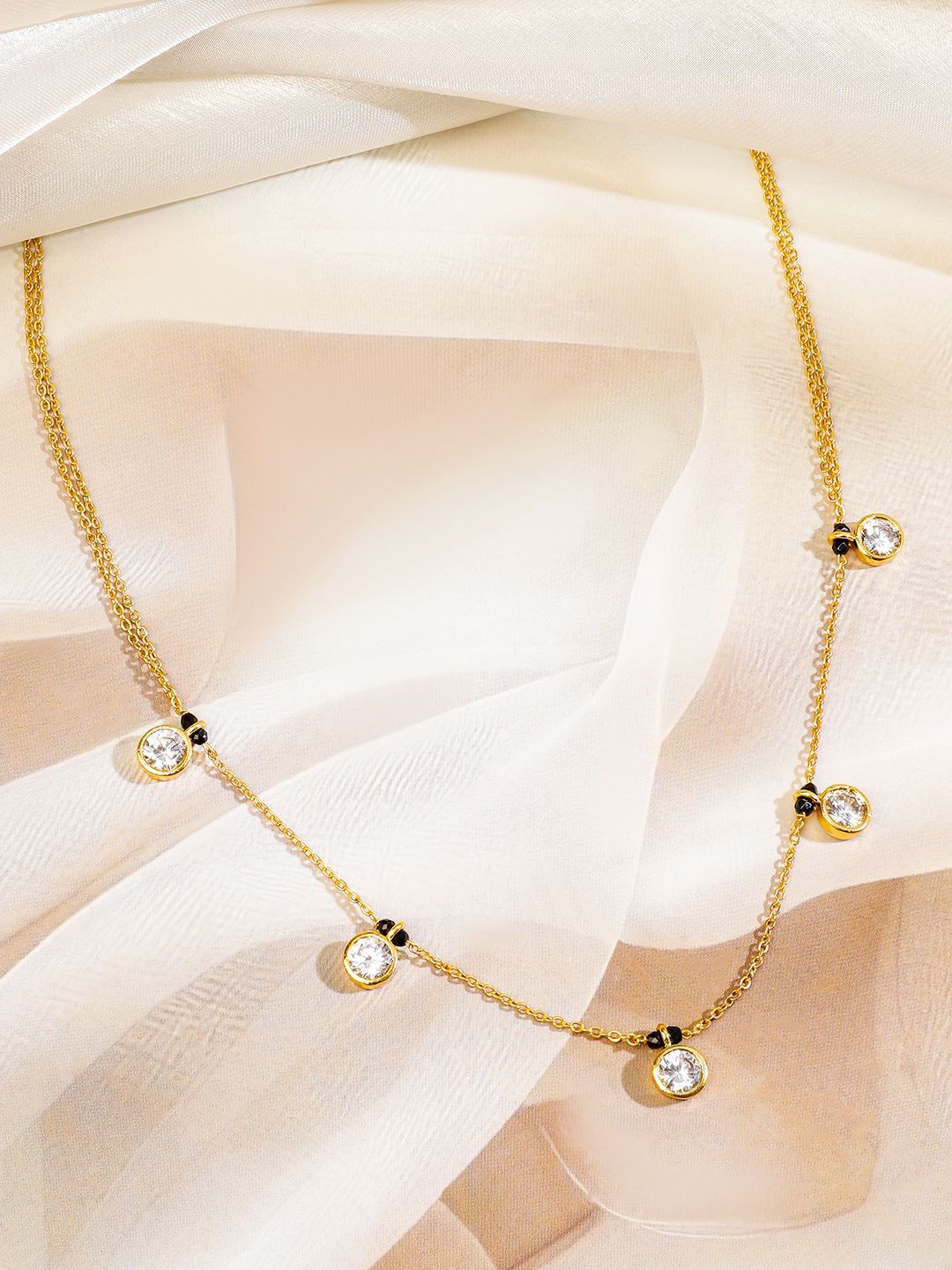 Rubans 18K Gold-Plated Cubic Zirconia Studded Minimal Mangalsutra with Black Beaded Chain