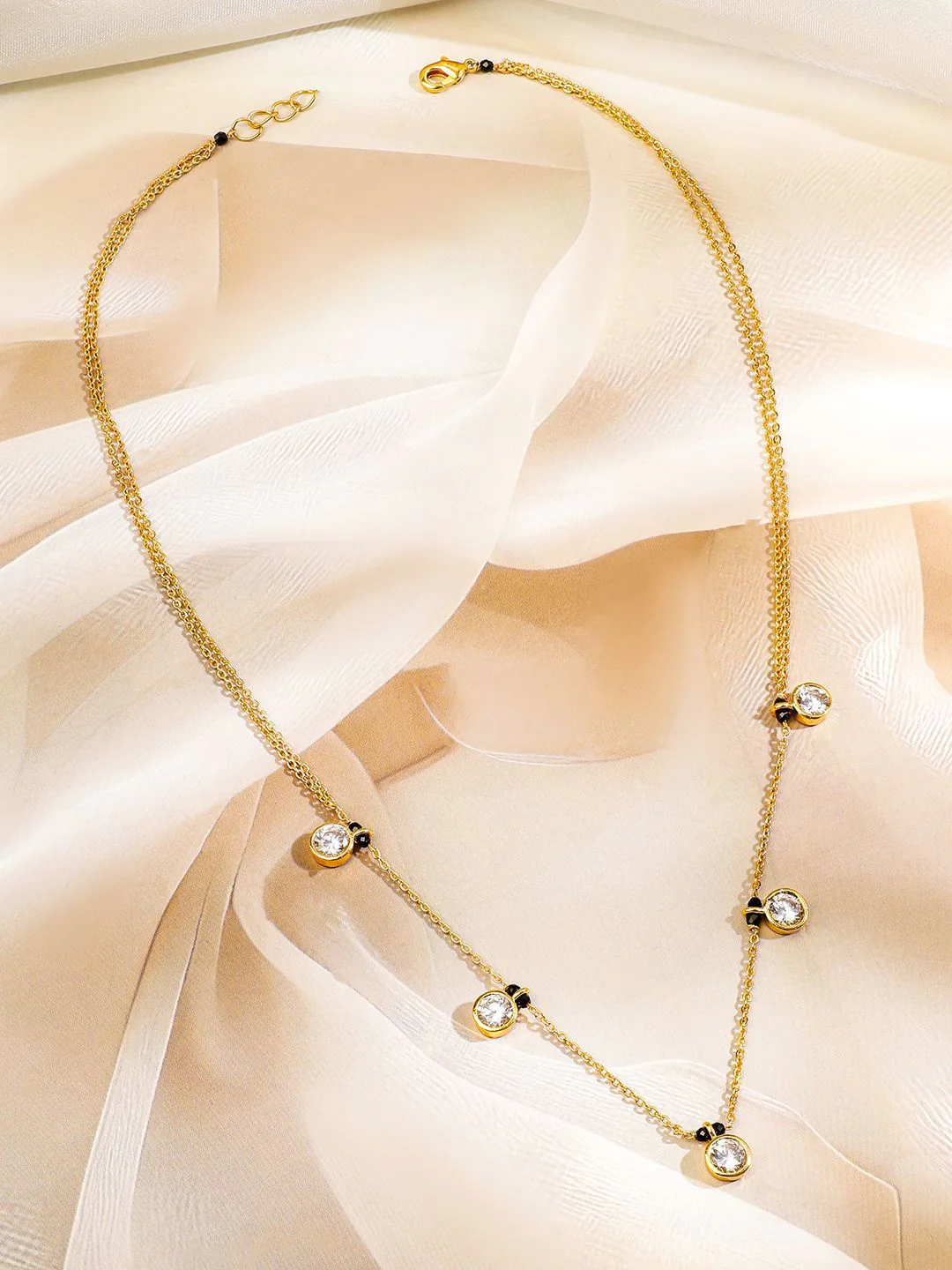 Rubans 18K Gold-Plated Cubic Zirconia Studded Minimal Mangalsutra with Black Beaded Chain - Image 3