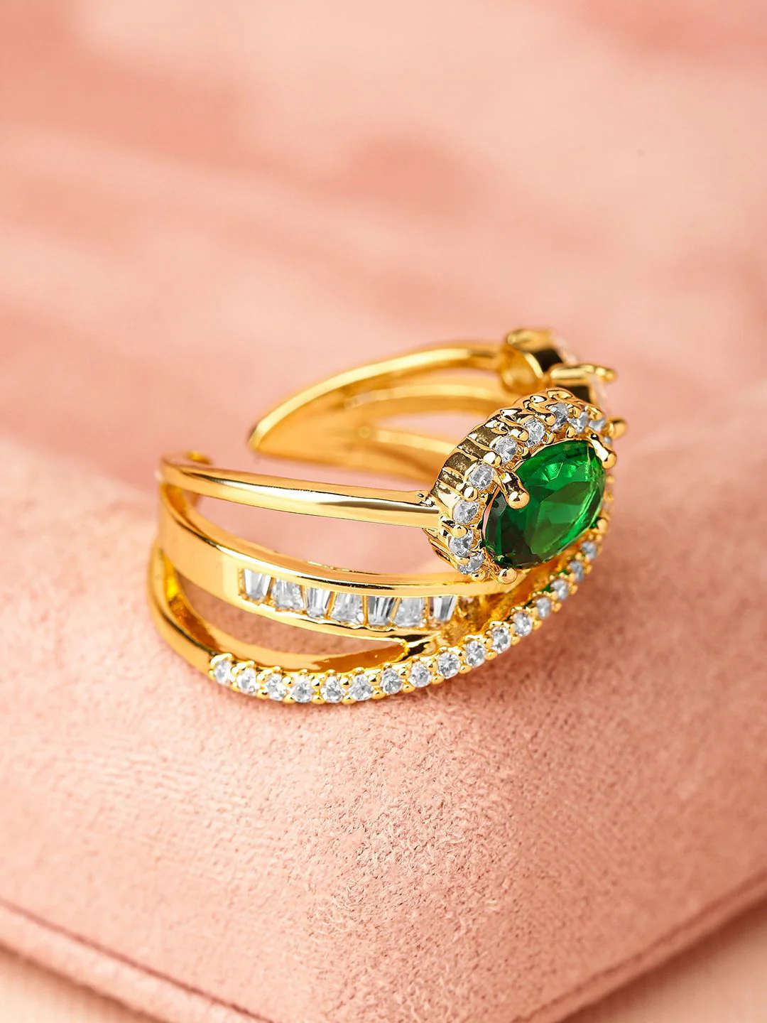 Rubans 18K Gold Plated Emerald Green & Cubic Zirconia Studded Adjustable Statement Ring - Image 3