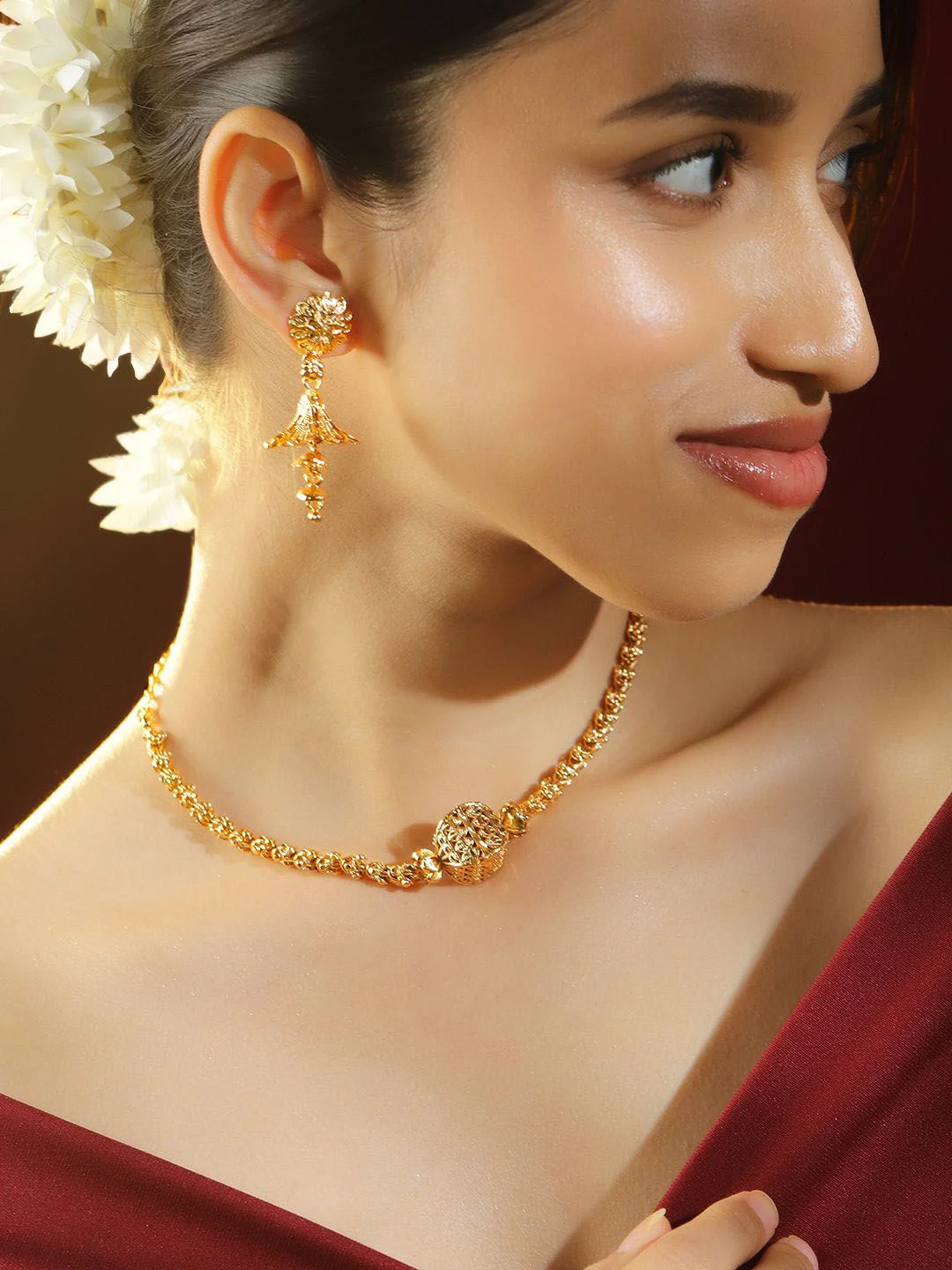 Rubans 18K Gold-Plated Floral Motif & Filigree Beaded Brass Necklace Set